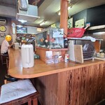 和食堂 なわて - 灰色の剥き出しコンクリート天井、ポスター等が貼られた淡い灰色のコンクリート壁&腰高迄の木板張り壁、焦茶色の木板張り床、シンプルなカウンター居酒屋さんと言った空間、BGM代わりにTV音声が流れています