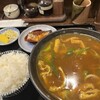 辨慶うどん - カレー定食。　きざみカレーうどん、おかず(鯖煮)、ご飯、漬物　　1240円