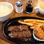 ブロンコビリー - 料理写真:ブロンコおじさんのこだわり炭焼きがんこハンバーグ&大粒牡蠣フライランチ 1,991円