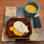 焼鳥 せきね - 前菜２品（カボチャのポタージュ・柿の豆腐ソース）