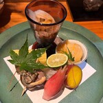 ほむら - ③イカ、シラス入り卵焼き、つぶ、カマスの棒寿司、ミョウガ、さつまいも、ほや