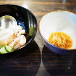 わさ - 白イカの揚げ物、ブロッコリーの油炒め添え、縮緬雑魚辣油とあわせて