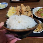 食堂とみ - 半もつ半から定食(ご飯大盛)