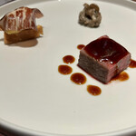 ラ カンロ - 鳥取和牛のロースト、さつまいものワッフル 黒毛和牛生ハムのせ、マッシュルーム