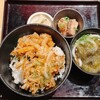 でんのしおり - 小海老とお野菜のかき揚げ丼 小鉢・小うどん・香の物付き①