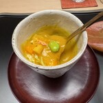 徳ㇵ本也 - 柿、間人の毛蟹、間人の毛蟹内子、雲丹、京丹後の枝豆、人参、牛蒡。秋の味覚狩りのように咀嚼で素材を探し感じ楽しみます♡