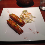 サリュー - 松葉蟹とポロ葱、里芋のパートブリック巻 イクラをのせて 白菜と柿のサラダ添え2014-11