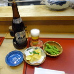 さかもと - ビール、クワイチップ、枝豆