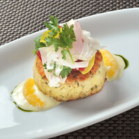 CRAB CAKE lemon, radish salad