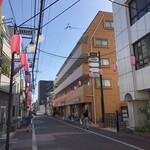 ピッツェリア ファッブリカ 1090 - 御嶽山駅の改札（一つのみ）を出たら左折（蒲田行きの電車場合は踏切を渡り）直進し、突き当たりを左折したあたりからのお店外観（右側のレンガ色の建物で、お蕎麦屋さんの隣）
