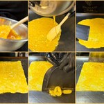 壺味 - だし巻き玉子レシピ①卵をといて鉄板へ。丁寧に四角く形を整える。