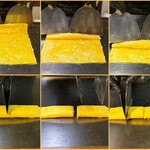 壺味 - だし巻き玉子レシピ②ゆっくりと巻いて4つにカット。