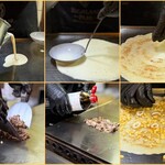 壺味 - ねぎ焼きレシピ① 小麦を溶いて薄く伸ばした生地を鉄板に入れてかつお粉をまぶす。別鉄板で牛すじを焼く。生地に輪切りの竹輪を乗せる。