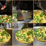 壺味 - ねぎ焼きレシピ③刻んだ紅しょうがをふりかけ、生地の周りを丁寧にゆっくりと整える。