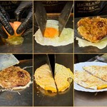 壺味 - たこ山芋手順写真①卵を広げて上に生地を乗せ、ひっくり返してカット。