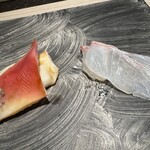 島津 - 左から
      ホッキ貝の炙り(北海道・長万部)　◎
      朝〆の真鯛(兵庫・明石)