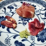 千ふく - ほろほろ鳥 ささみ昆布締め、ずり、心臓