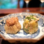 Hirosawa - On the right, seafood shumai with clams and shrimp. On the left, onion and pork shumai.