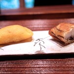 Hirosawa - On the left, a pie filled with matsutake mushrooms and shrimp. On the right, spring rolls with barracuda and matsutake mushrooms.