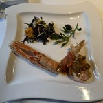 シェ・スガヤ - 【海苔とトマトの魚ソースキャビアの海老、
      イタリアの手長海老】