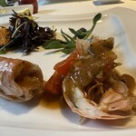 シェ・スガヤ - 【海苔とトマトの魚ソースキャビアの海老、
      イタリアの手長海老】