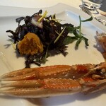 シェ・スガヤ - 【海苔とトマトの魚ソースキャビアの海老、
      イタリアの手長海老】