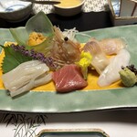 竹葉新葉亭 - お造り。雲丹、ボタンえび、北寄貝、ヒラメ、イカ、本鮪、タコです。