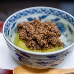 よし町 - 2025.10 翡翠茄子そぼろ掛け（チタケ、土浦産翡翠茄子、常陸国天然まがも）