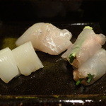 割烹・蕎麦 波と風 - お造り　すみいか、すずき、かわはぎ肝巻き
      