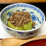 よし町 - 翡翠茄子そぼろ掛け（チタケ、土浦産翡翠茄子、常陸国天然まがも）