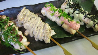 h Torisuke - 炙り串4種・わさび、明太子、黒胡椒、梅紫蘇
