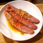 仙台牛焼肉　と文字 - 仙台牛ミスジ（3枚￥1230）。霜降りで柔らかい部位