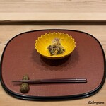御料理 寺沢 - 薇､胡瓜､菊花の胡桃和えに針林檎と花穂紫蘇