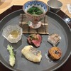 肉割烹 赤坂喰心 - たらの芽天麩羅　ローストビーフ蕗味噌　羽太煮凝り　鳴門金時大学芋　モロヘイヤ御浸し　平鯛竜田揚げ　カマス炙り寿司