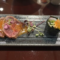 肉割烹 赤坂ゆうが - 和牛　真鯛　磯辺巻き　牛たたき黄身醤油掛け