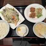 上海華龍 - 【2025.10.23(木)】五目野菜炒め定食（野菜炒め＋飯並盛＋唐揚げ＋スープ＋杏仁豆腐）950円