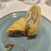 l'intemporel - 秋刀魚、冬瓜、大葉のジャガイモ包みとタプナードソース(秋刀魚のキモを使っています)