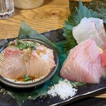 晴れのち晴れ - ■豊洲のお刺身おまかせ5点盛り・右上から真鯛、天然ブリ、カンパチごまだれ