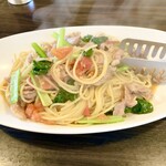 ピッツエリアバール　CACTUS　D'ORO - ・恵那鳥ハラミと小松菜の柚子胡椒ペペロンチーノ　スパゲッティー 大盛り（￥2,000）