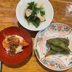あかぎ - 前菜三点 (海老入りポテトサラダ、丹波の枝豆、 松茸とほうれん草のお浸し）