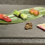 銀座 幸の羽 - 鮪赤身漬け/芽葱/厚焼玉子