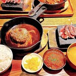 肉居酒屋 ホワイティー梅田 コマツバラファーム - 煮込みハンバーグ＆和牛ロースステーキ定食