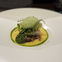 レストラン ラ・フロレゾン・ドゥ・タケウチ - キハタのソテー　蕗のとうの味噌　タケノコ、ノコギリ草、ホタルイカ、はこべ　ブールブランソース(バターとエシャロットのソース)