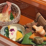 WASHOKU SUSHI ゆゆ梅田 - タイラギ貝のぬた／柿の白和／天使の海老、子持ち昆布