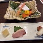 須坂屋そば 新潟駅前店 - 3点もり、刺し盛り