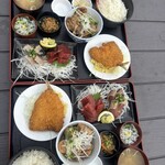 まるわ食堂 - お刺身、あじフライ、ぶりの煮付け、しらす、小鉢、味噌汁，ご飯