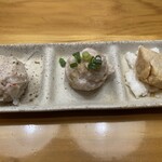 練馬 鳥長 新潟 - 地鶏の蒸しつくね、ムネ肉の漬け