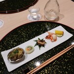 和食 むさし野 - ◆前菜
薩摩芋/海老酒粕 / 子持ち鮎 / サーモン腐乳 
蝦夷鮑 ジェノベーゼ
× 
獺祭 純米大吟醸45
→ 素材感を上品に引き立て、余韻が心地よい