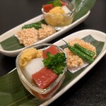 泳ぎとらふぐ活蟹料理 あじ平 - 先付け(穴子の黄身煮・白身魚のあられ揚げ)