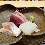 木佐貫 - 「お造り３種」…ヒラソウダ鰹、カマス、アオリイカ